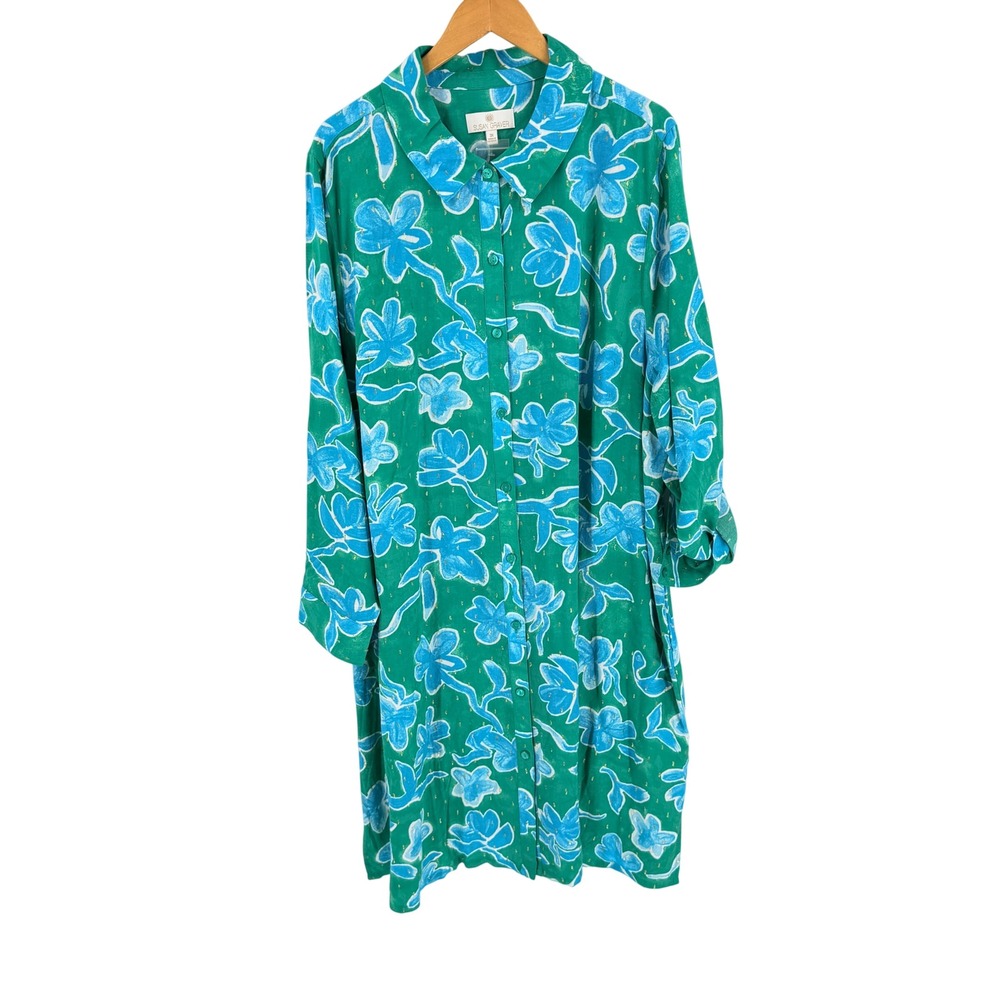Susan Graver Shirt Dress Cover Up 3X Floral Metallic Pockets Plus Size Tropical